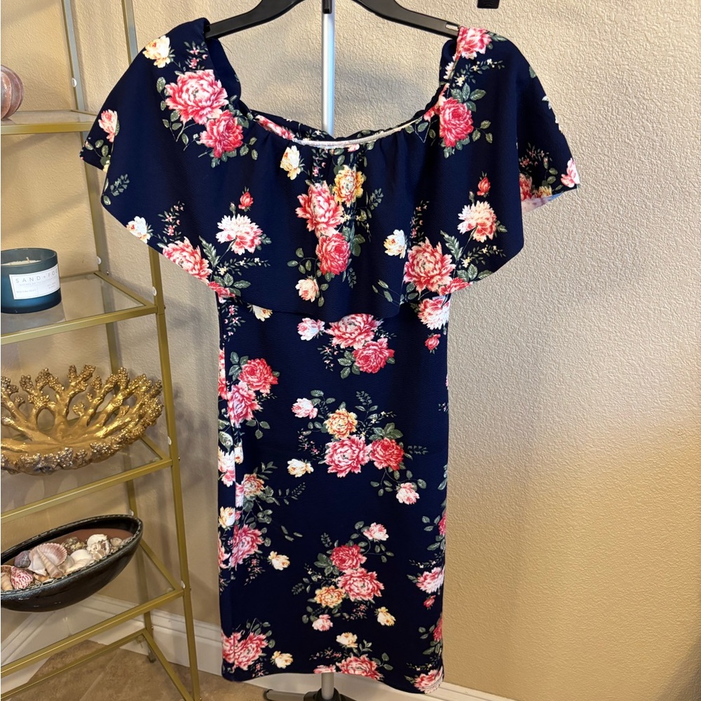 Almost Famous Navy Floral Bodycon Midi Dress Ruffle‎ Top Size Small